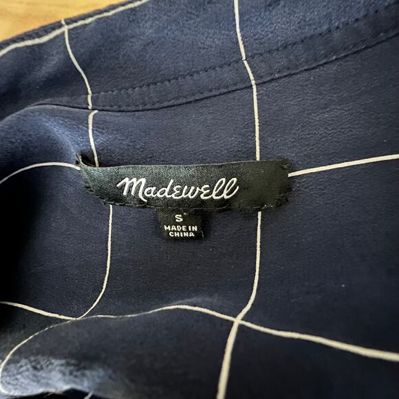 Madewell Silk Windowpane Lace Up Blouse Navy Long Sleeve Size S - Picture 9 of 10
